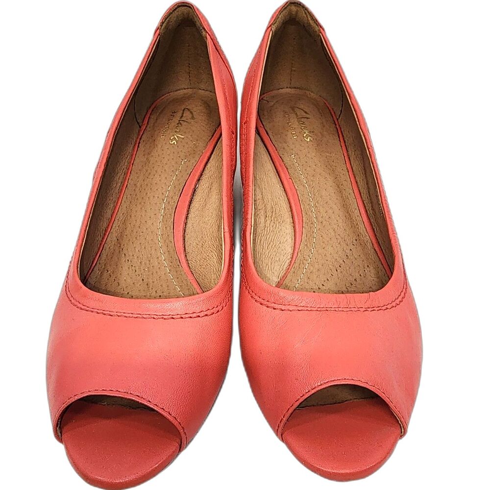 Clark's Artisan Coral Peep Toe Wedge Heels Size 8.5